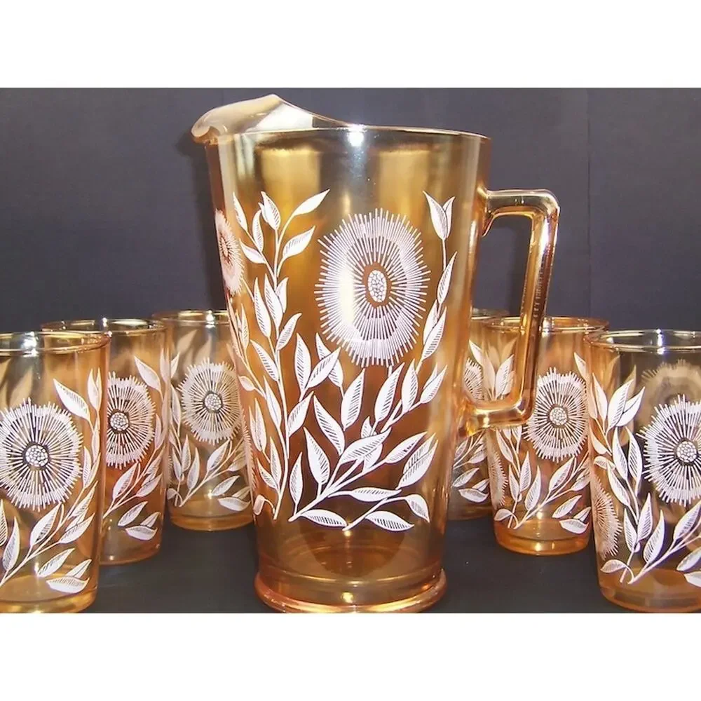 Vintage Jeannette Marigold Carnival Glass Cosmos Pitcher 6 Tumbler Set 1950s